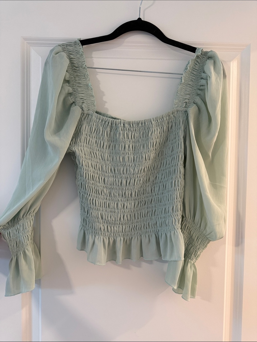 Amazon Sage Green Smocked Square-Neck Long Sleeve Blouse